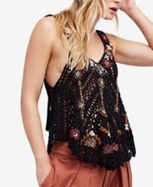 FREE PEOPLE Last Rose Embroidered Crochet Top Black Size Medium M Ties in Back